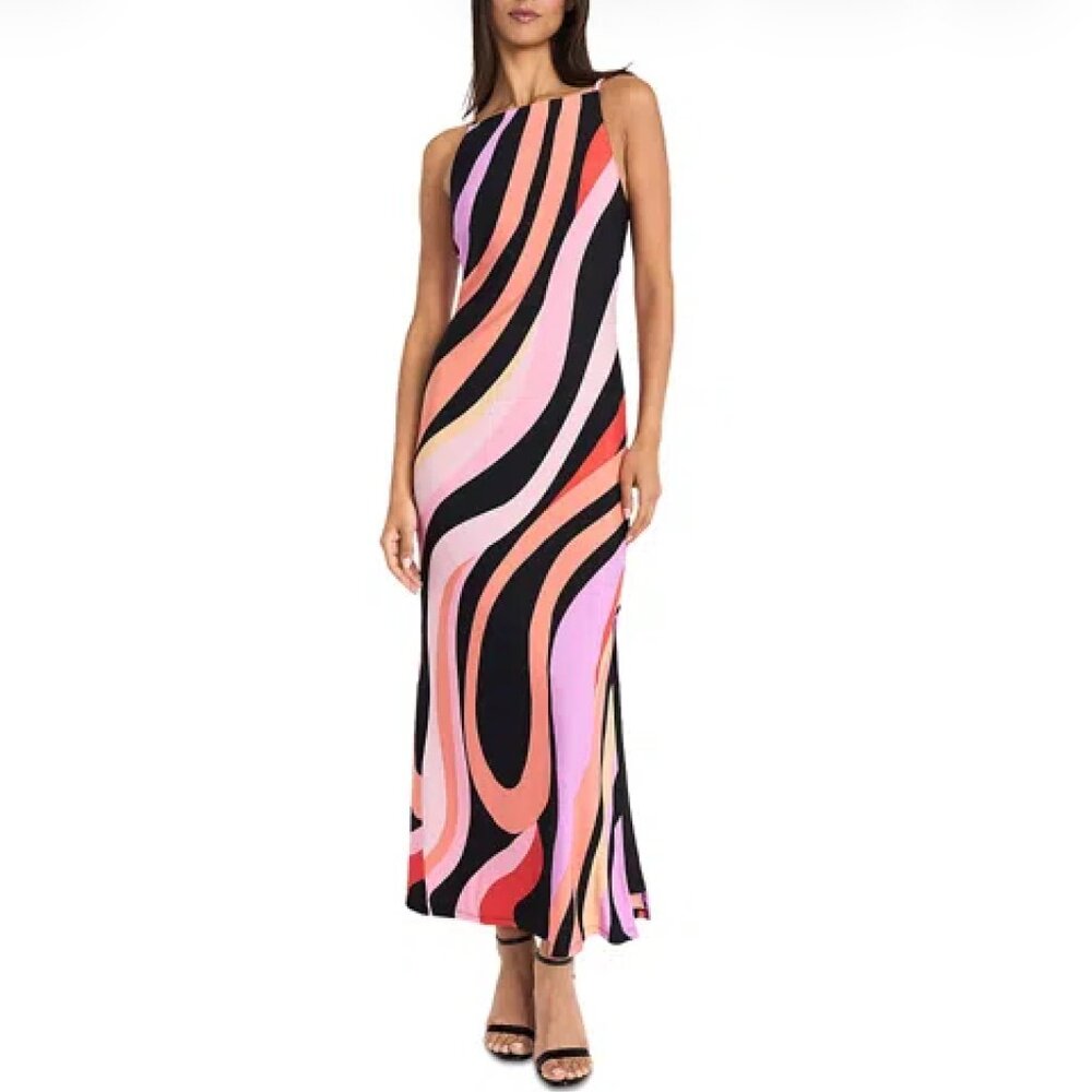 Donna Morgan Boat Neck Sleeveless Abstract Stripe Jersey Anita Maxi Dress- XS